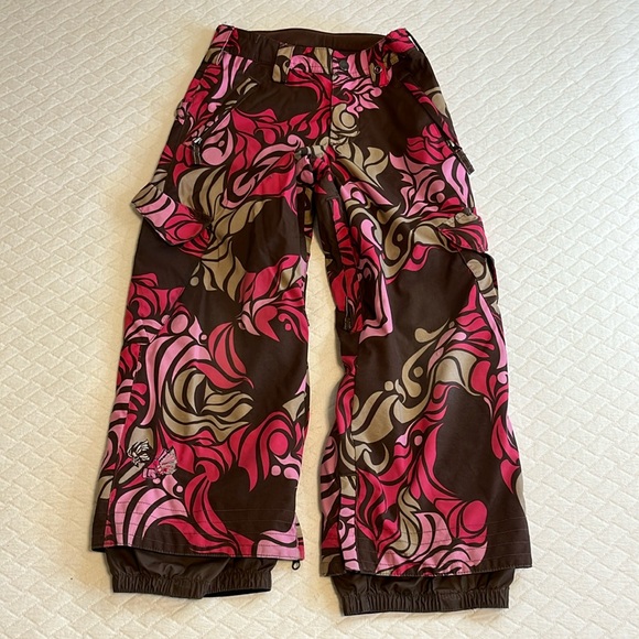 Burton snowpants snowboarding/skiing pink & brown graphic print, waterproof, 5/6 - Picture 1 of 13